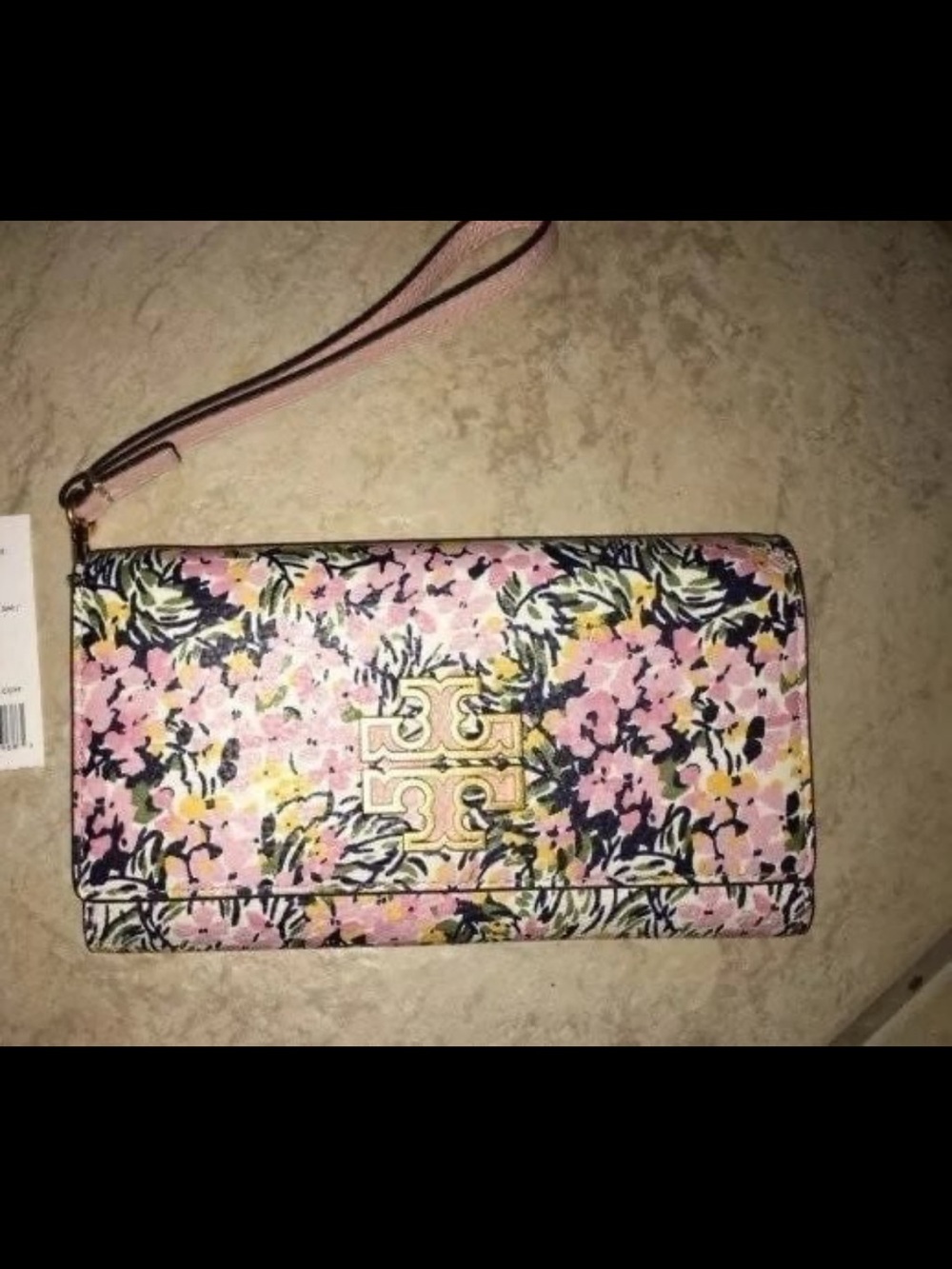Tory burch Floral Pink leather Wristlet Wallet with Gold Logo Accent